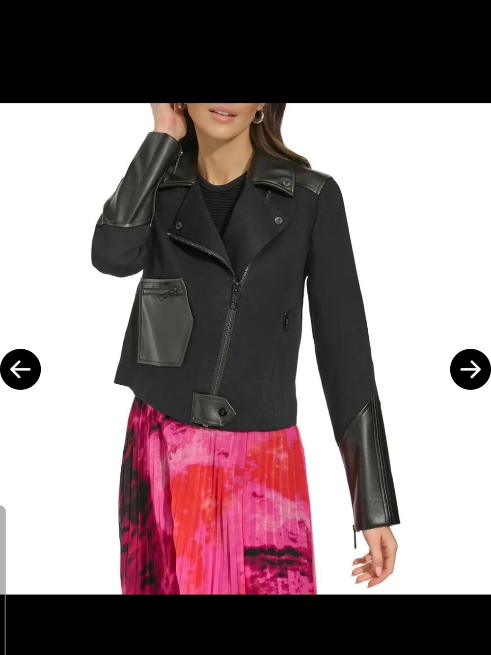 DKNY Black Mixed Media Moto Jacket with Faux-Leather Trim Size XL
